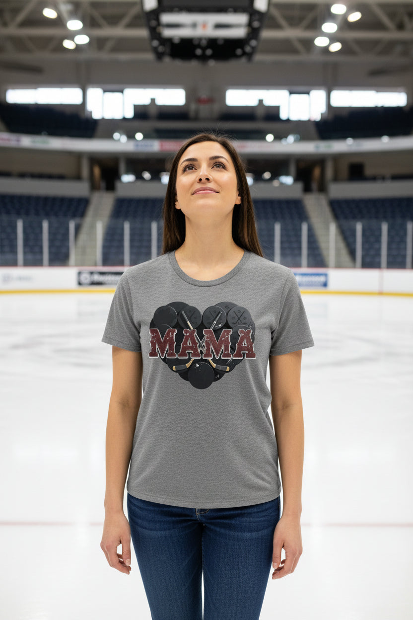 Hockey Mama Heart T-Shirt- Athletic Pride Mom Spirit DEEP HEATHER - FRONT
