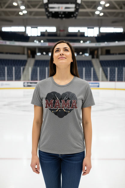 Hockey Mama Heart T-Shirt- Athletic Pride Mom Spirit DEEP HEATHER - FRONT