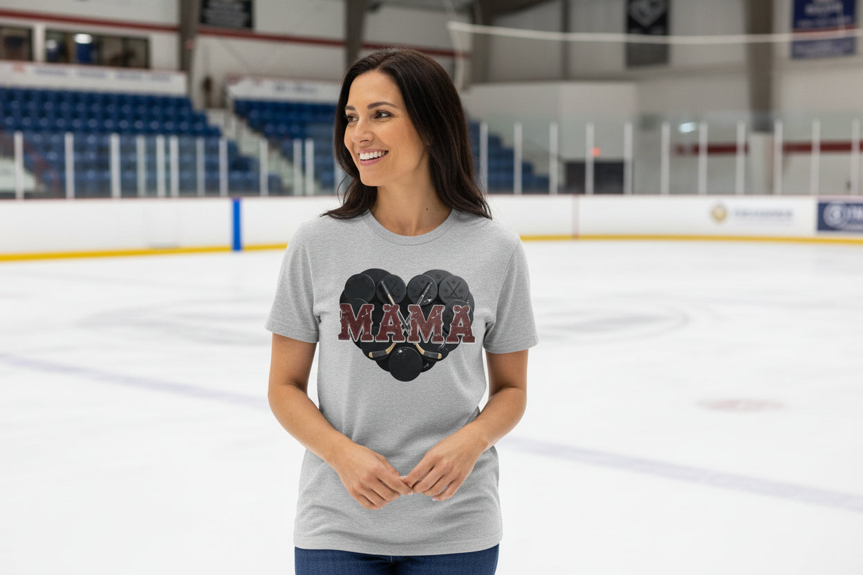 Hockey Mama Heart T-Shirt- Athletic Pride Mom Spirit ATHLETIC HEATHER - FRONT