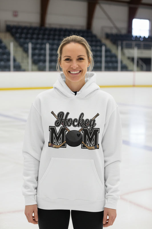 Hockey Mom Hoodie with Heart Ball – Game Day Spirit Style WHITE - SF500 - FRONT
