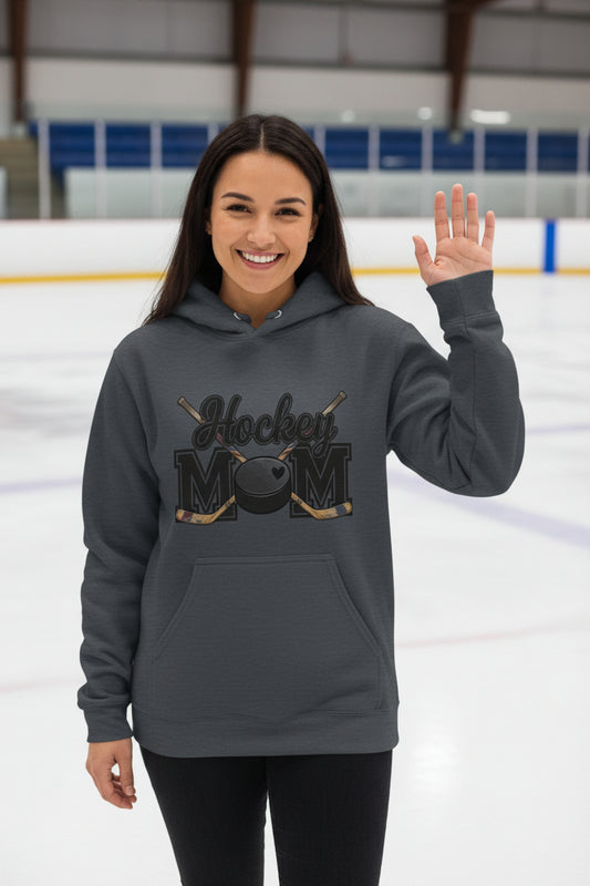 Hockey Mom Hoodie with Heart Ball – Game Day Spirit Style DARK HEATHER - SF500 - FRONT