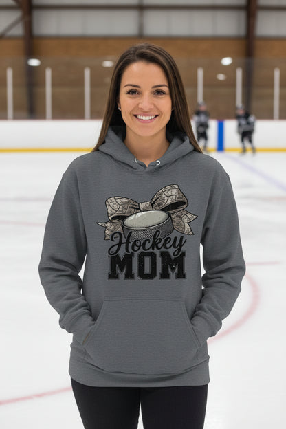 Hockey Mom Life – Chic Bow Game Day Statement Hoodie DARK HEATHER - SF500 - FRONT