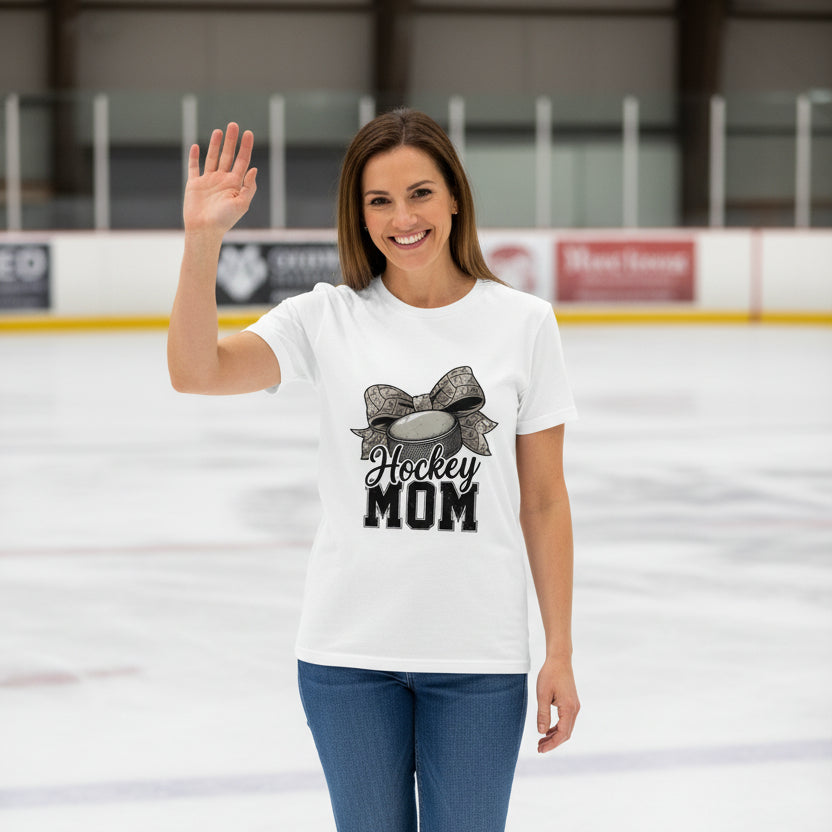 Hockey Mom Life – Chic Bow Game Day Statement T-Shirt WHITE - 6004 - FRONT
