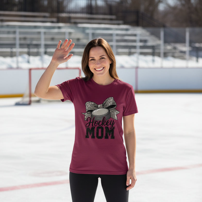 Hockey Mom Life – Chic Bow Game Day Statement T-Shirt MAROON - 6004 - FRONT