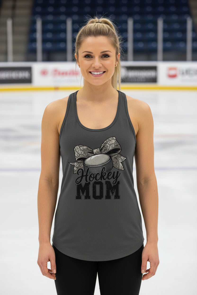 Hockey Mom Life – Chic Bow Game Day Statement Tank Top Dark Gray - N1533 - FRONT