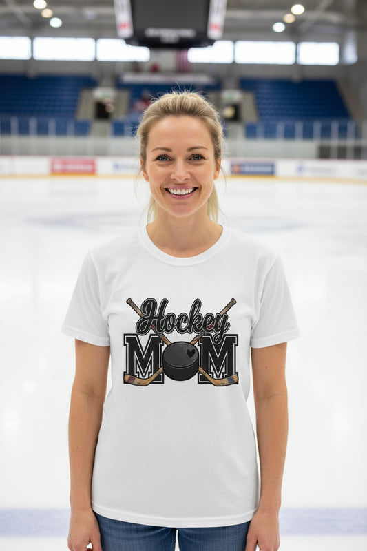 Hockey Mom T-Shirt with Heart Ball – Game Day Spirit Style WHITE - 6004 - FRONT