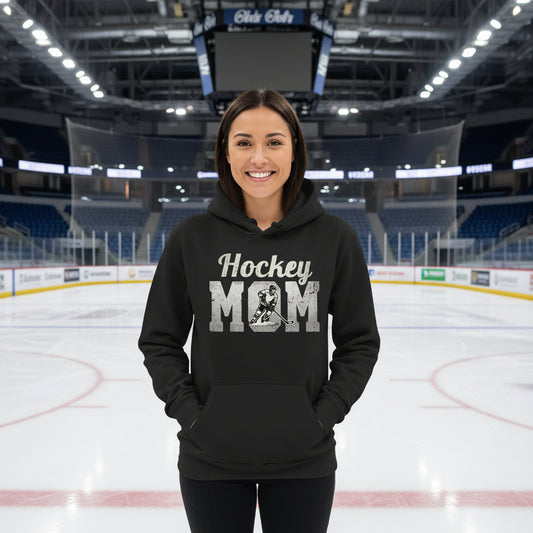 Hockey Mom Vintage Hoodie Design with Skating Player Sports Theme BLACK - FRONT