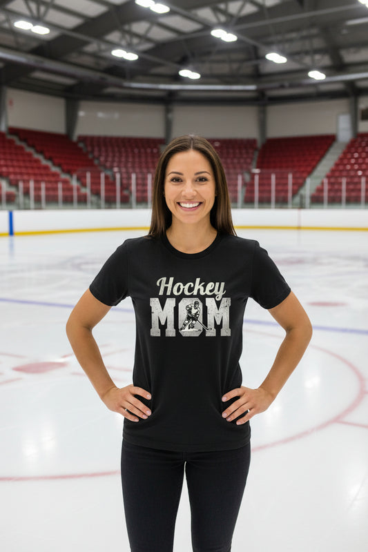 Hockey Mom Vintage T-Shirt Design with Skating Player Sports Theme BLACK - FRONT