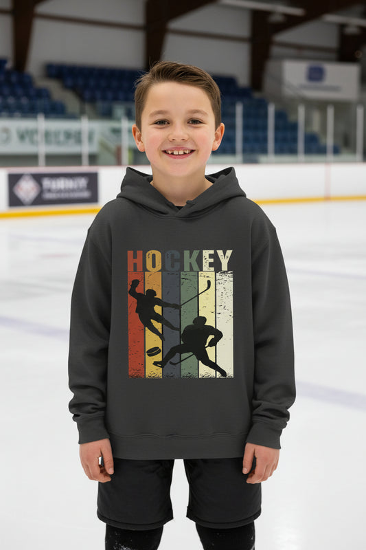 Hockey Player Retro Sunset Hoodie for Boys Touchdown Athlete Vintage Style Black - YST358 - FRONT