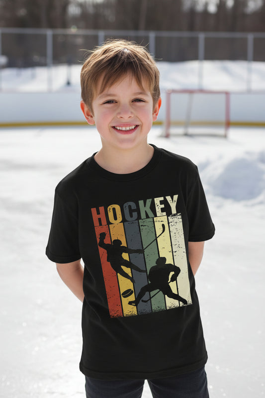 Hockey Player Retro Sunset T-Shirt for Boys Touchdown Athlete Vintage Style Black - G640B - FRONT