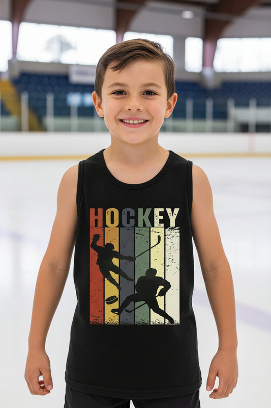 Hockey Player Retro Sunset Tank Top  for Boys Touchdown Athlete Vintage Style Solid Black Triblend - 3480YCV - FRONT