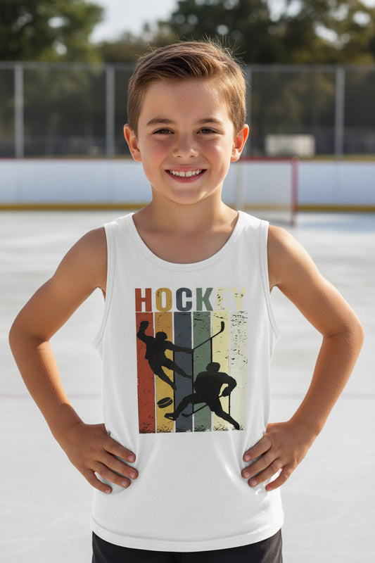 Hockey Player Retro Sunset Tank Top  for Boys Touchdown Athlete Vintage Style Solid White Triblend - 3480YCV - FRONT