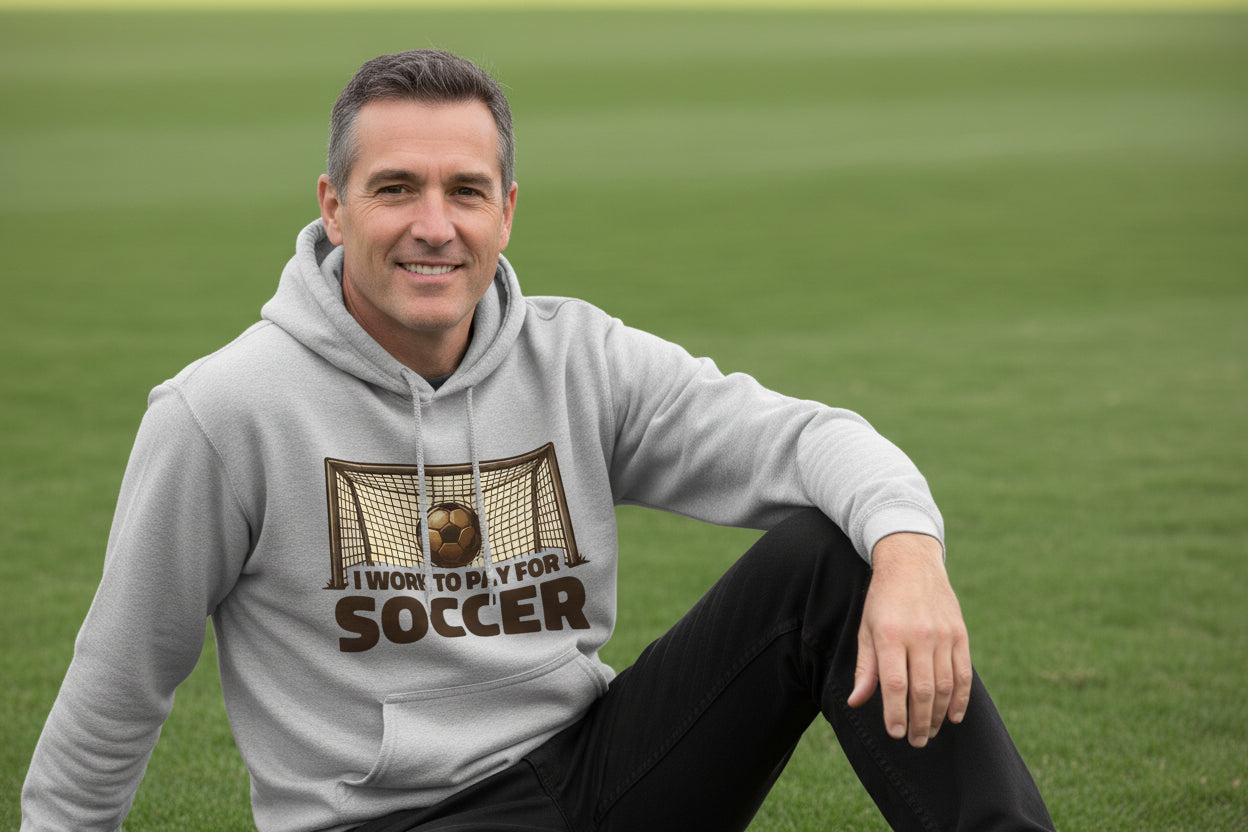 I Work to Pay for Soccer Funny Sports Lover Humor Hoodie SPORT GREY - FRONT