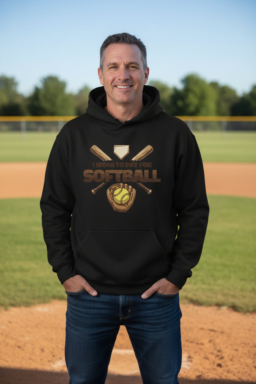 I Work to Pay for Softball Funny Sports Lover Humor Hoodie BLACK - FRONT