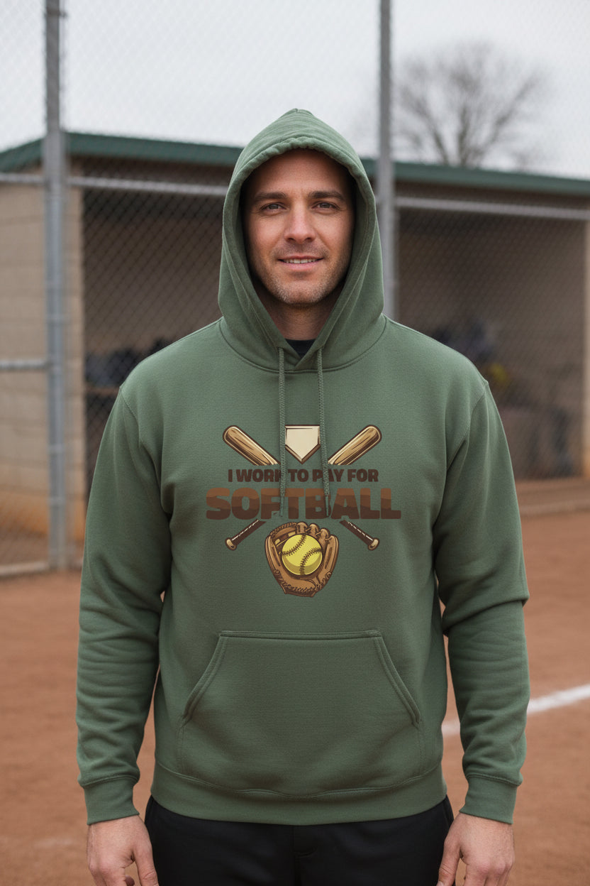 I Work to Pay for Softball Funny Sports Lover Humor Hoodie MILITARY GREEN - FRONT