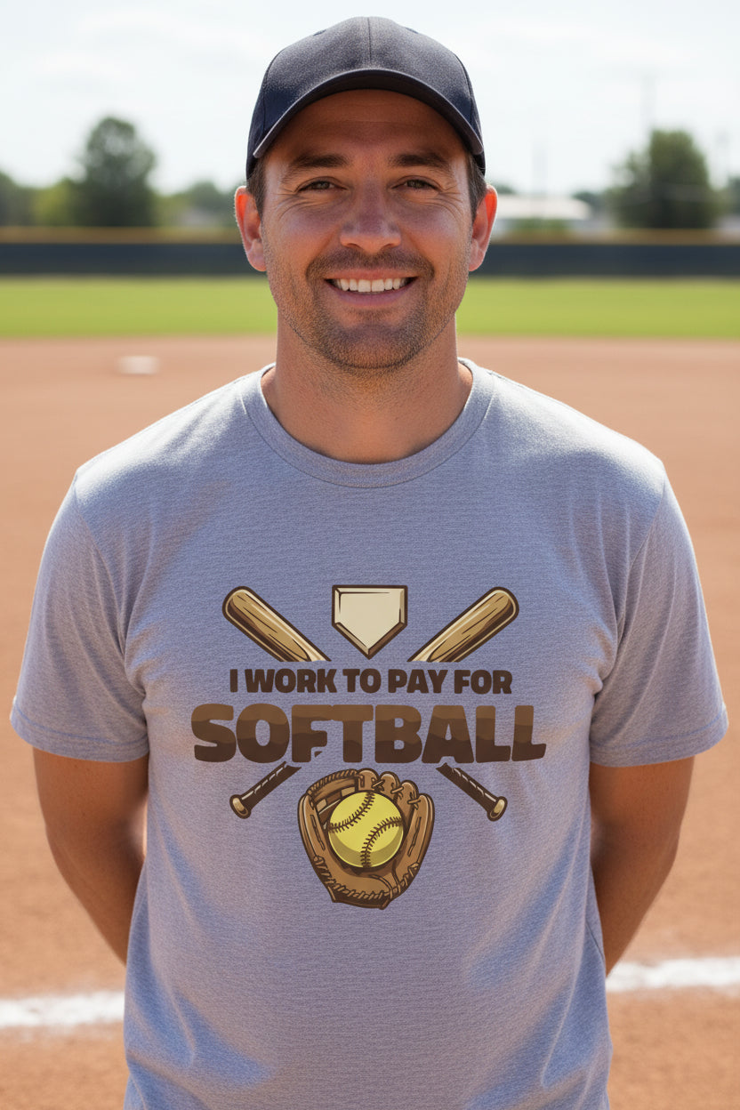 I Work to Pay for Softball Funny Sports Lover Humor T-Shirt HEATHER GRAY - FRONT
