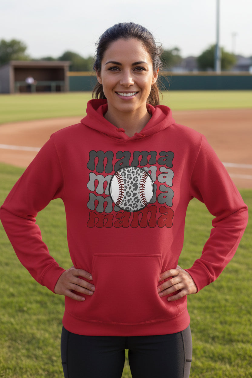 Mama Mama Mama Baseball Hoodie – Leopard Print Sports RED - FRONT
