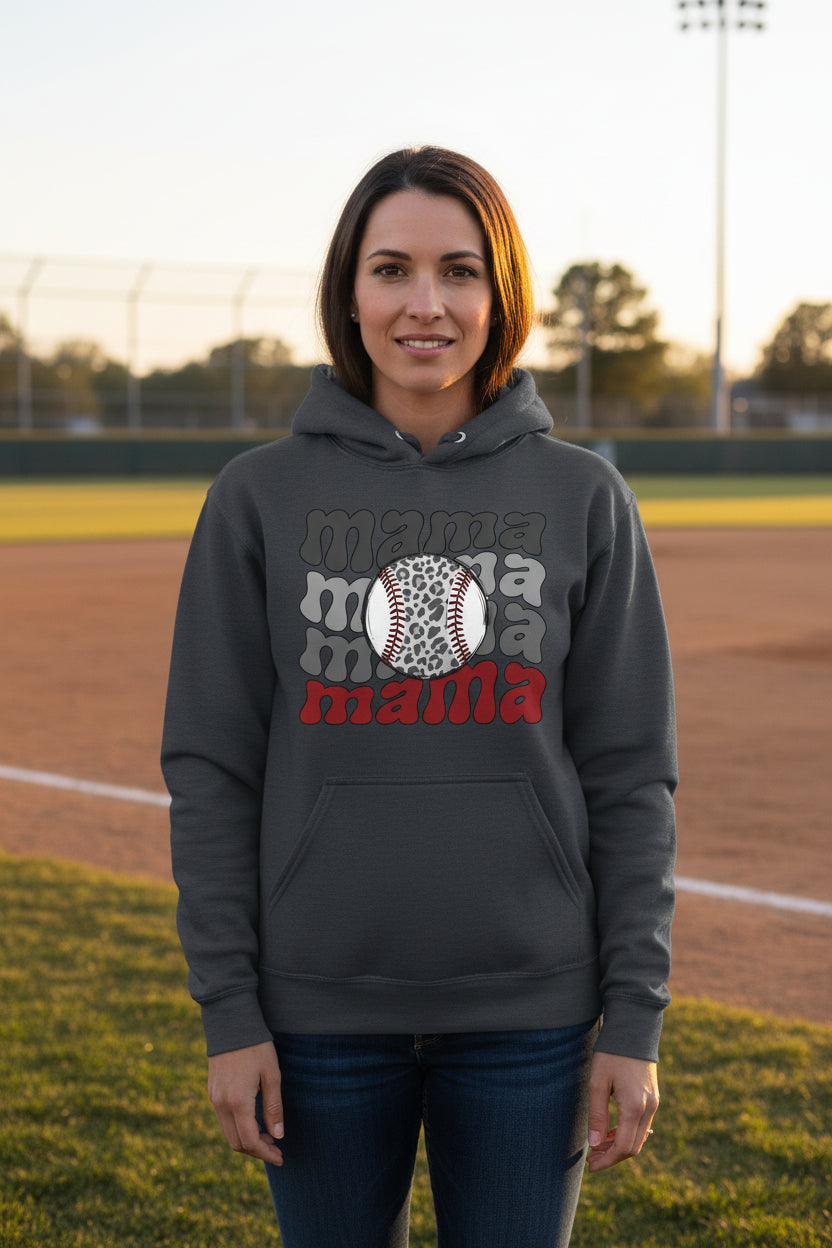 Mama Mama Mama Baseball Hoodie – Leopard Print Sports DARK HEATHER - FRONT