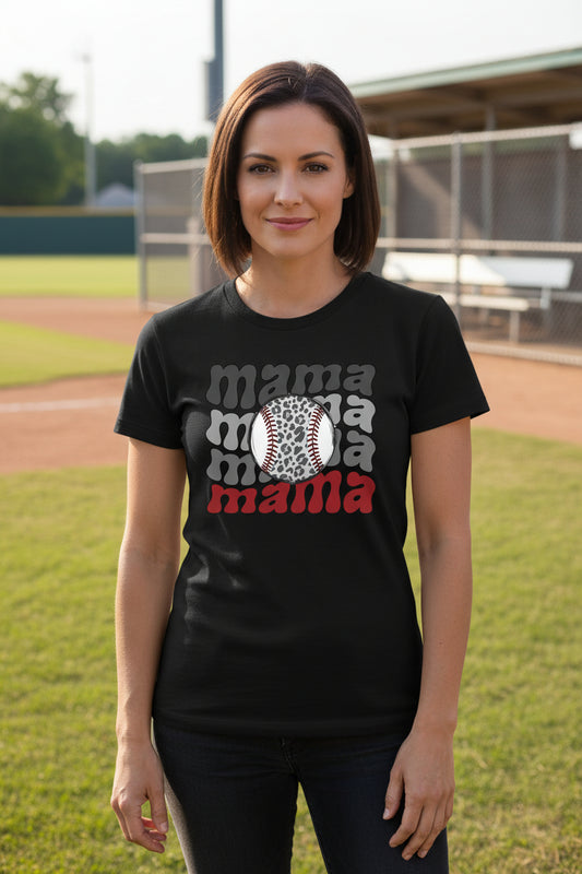 Mama Mama Mama Baseball T-Shirt – Leopard Print Sports BLACK - FRONT
