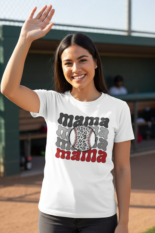 Mama Mama Mama Baseball T-Shirt – Leopard Print Sports WHITE - FRONT