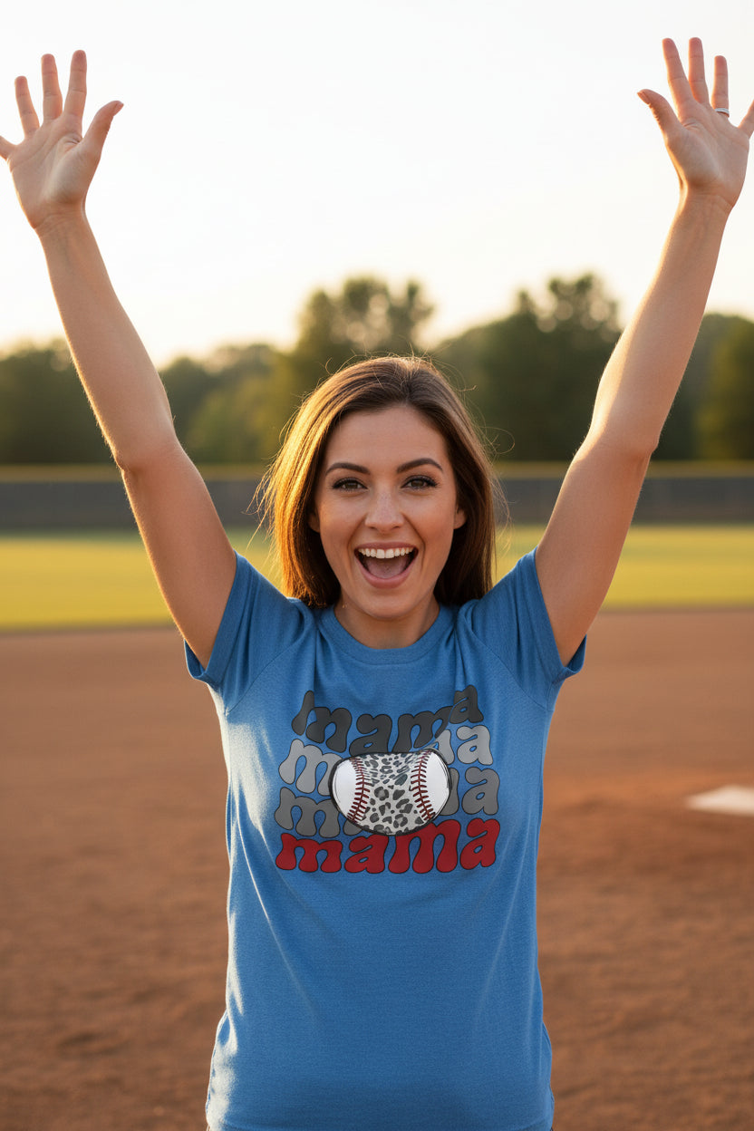 Mama Mama Mama Baseball T-Shirt – Leopard Print Sports HTHR TRUE ROYAL - FRONT