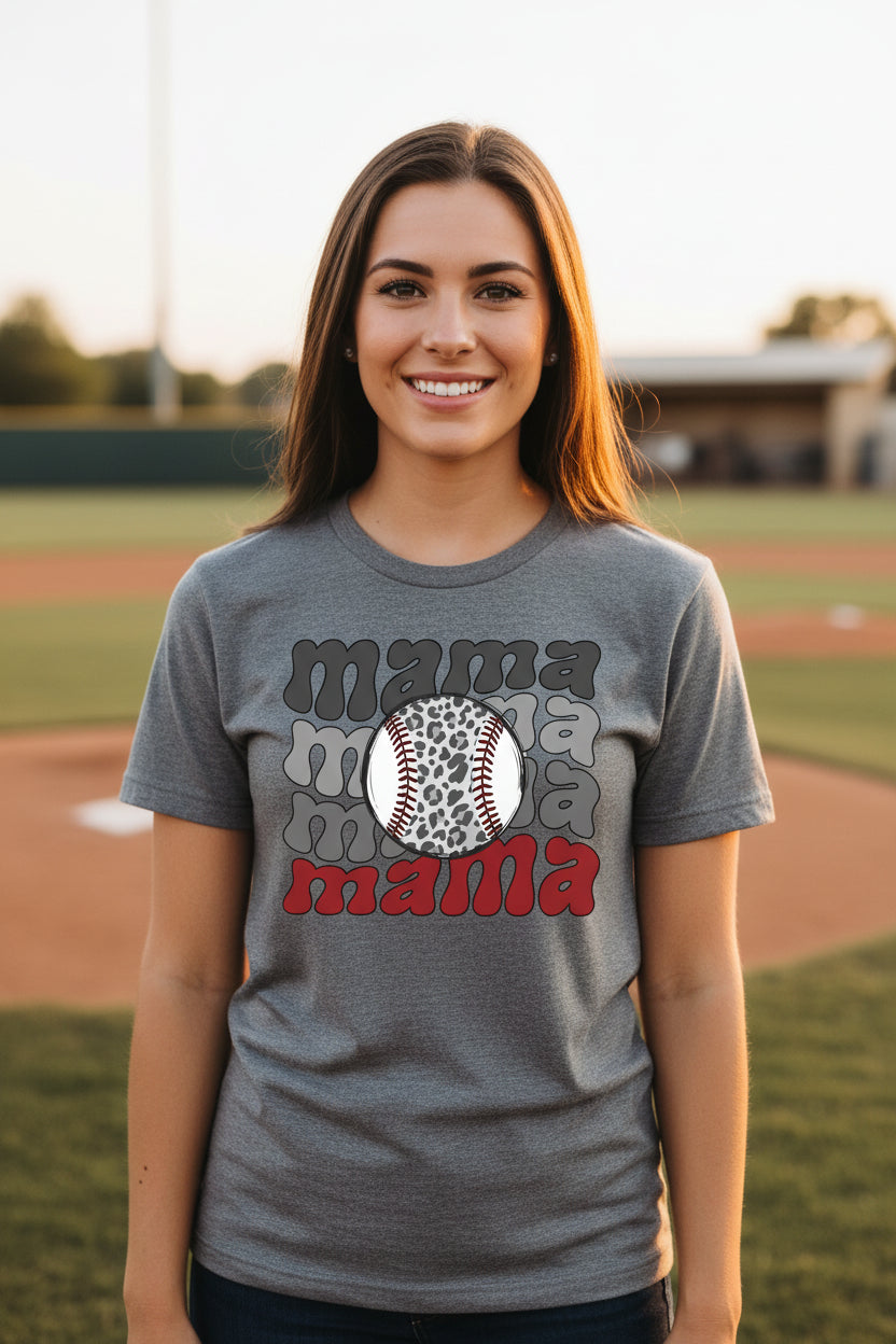 Mama Mama Mama Baseball T-Shirt – Leopard Print Sports DEEP HEATHER - FRONT