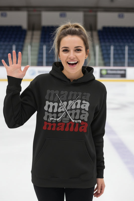 Mama Mama Mama Hockey Hoodie with Crossed Hockey Sticks Design BLACK - FRONT
