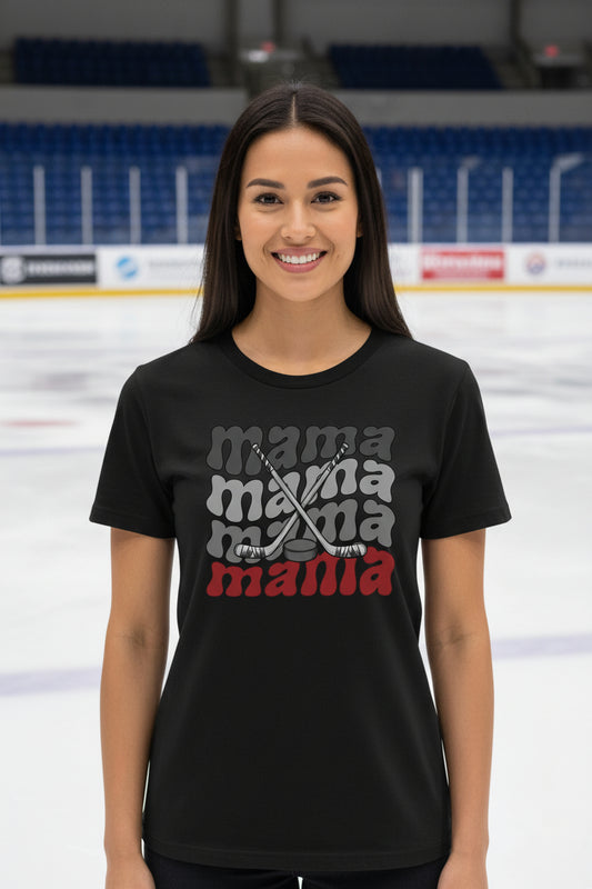Mama Mama Mama Hockey T-Shirt with Crossed Hockey Sticks Design BLACK - FRONT