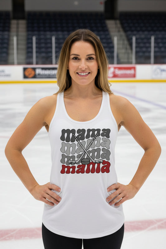 Mama Mama Mama Hockey Tank Top with Crossed Hockey Sticks Design White - FRONT