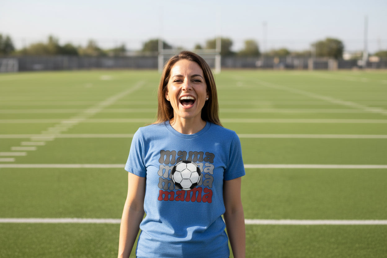Mama Mama Mama Soccer T-Shirt - Proud Sports Mom Game Day HTHR TRUE ROYAL - FRONT