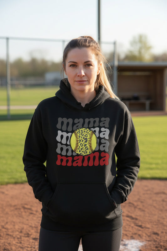 Mama Mama Mama Softball Hoodie - Proud Sports Mom Game Day  BLACK - FRONT