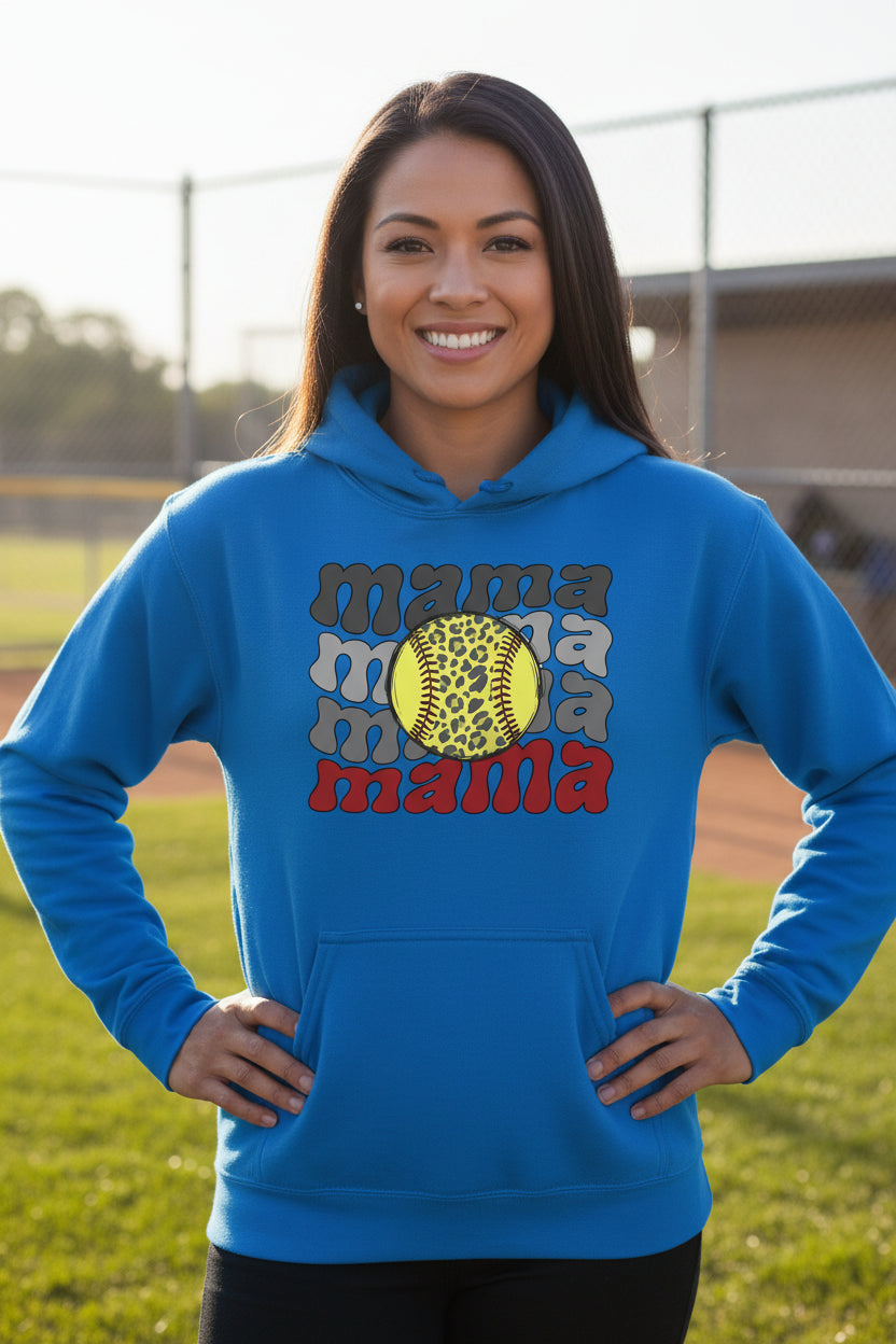 Mama Mama Mama Softball Hoodie - Proud Sports Mom Game Day Royal - FRONT