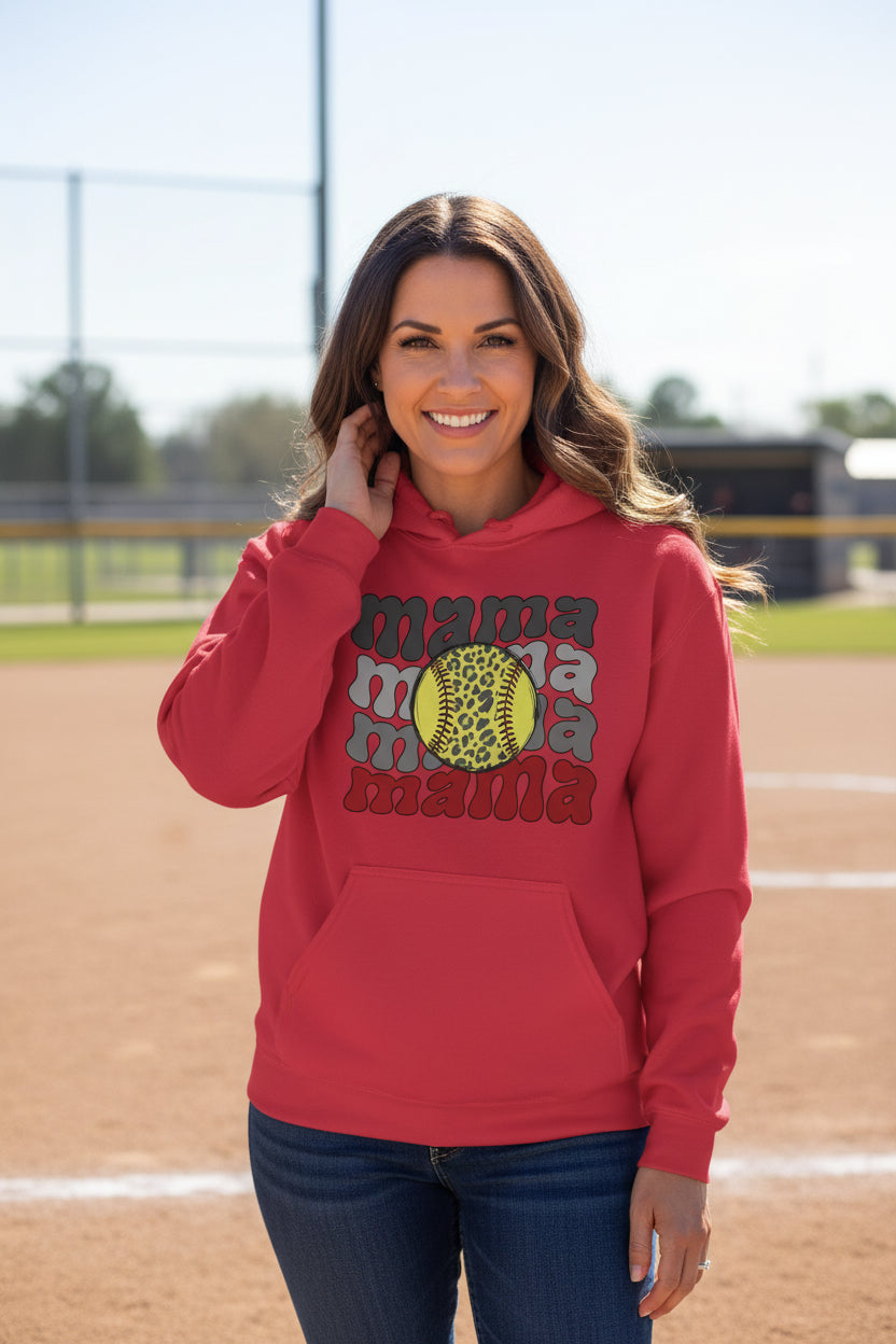Mama Mama Mama Softball Hoodie - Proud Sports Mom Game Day RED - FRONT