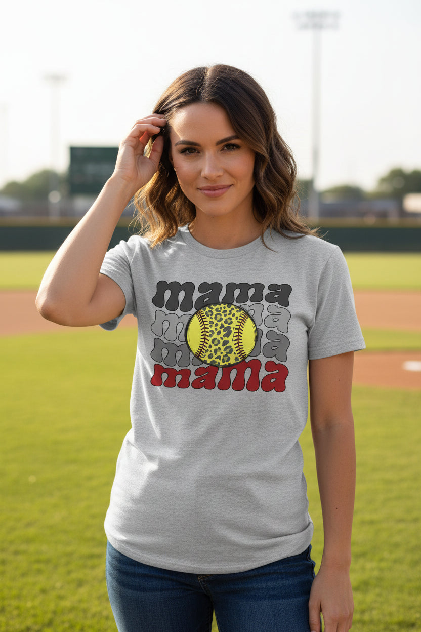 Mama Mama Mama Softball T-Shirt - Proud Sports Mom Game Day ATHLETIC HEATHER - FRONT
