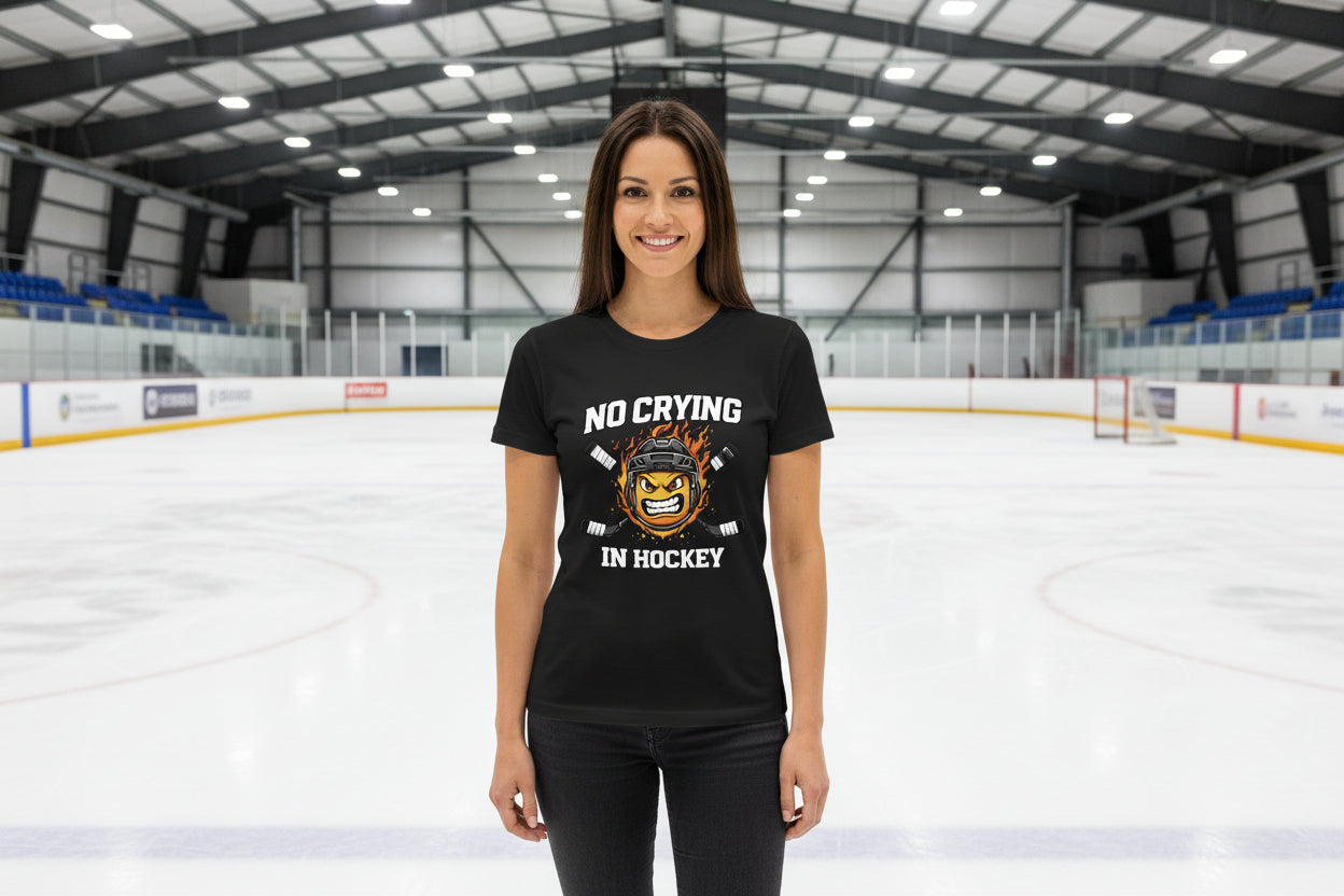No Crying Hockey Player Funny Tshirt for Ladies SOLID BLK BLEND - FRONT