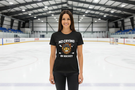 No Crying Hockey Player Funny Tshirt for Ladies SOLID BLK BLEND - FRONT
