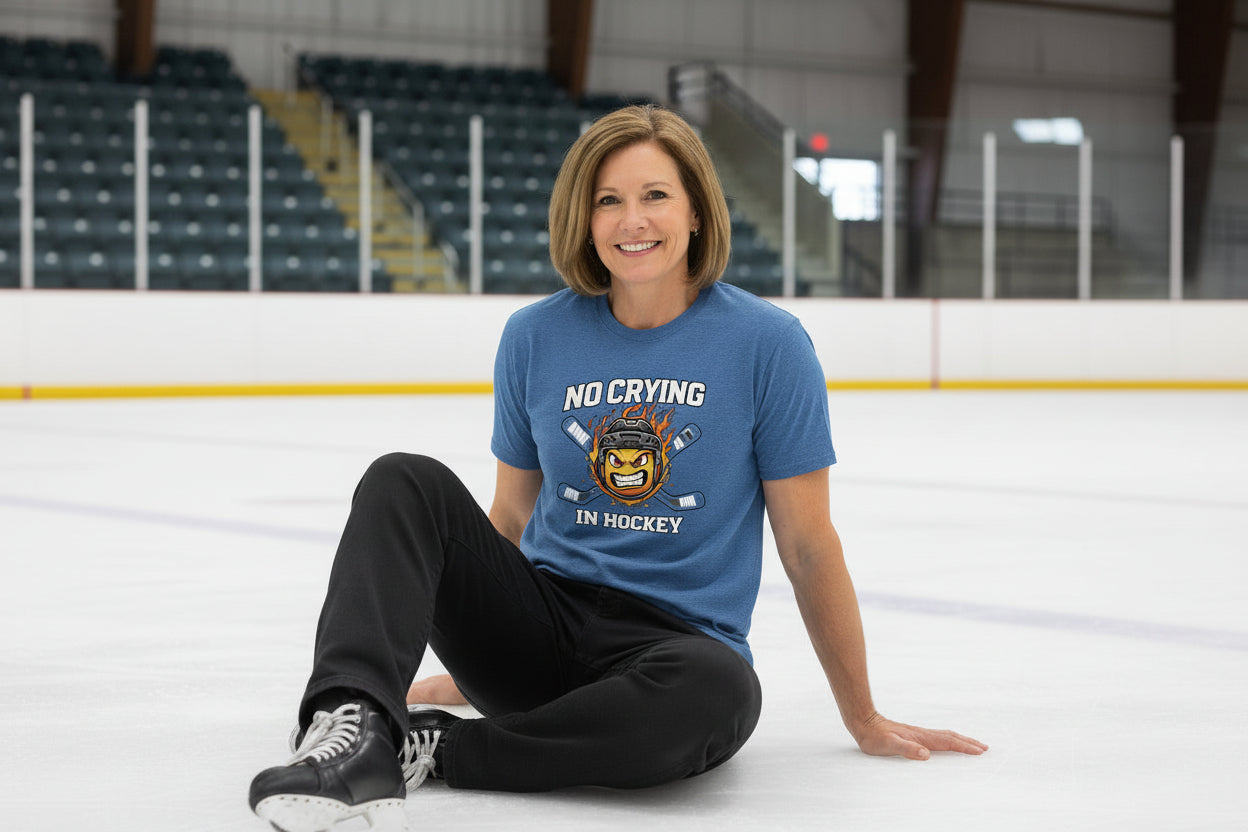 No Crying Hockey Player Funny Tshirt for Ladies HTHR TRUE ROYAL - FRONT
