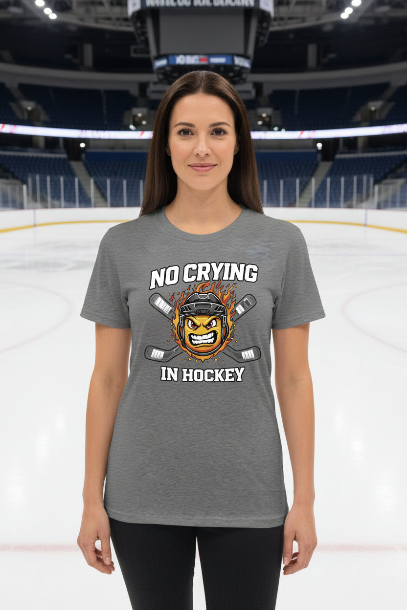 No Crying Hockey Player Funny Tshirt for Ladies DEEP HEATHER - FRONT