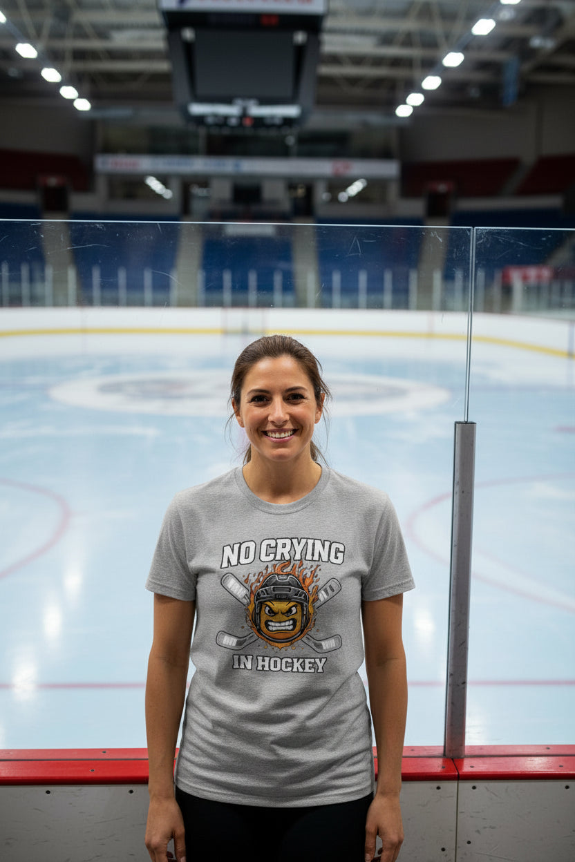 No Crying Hockey Player Funny Tshirt for Ladies ATHLETIC HEATHER - FRONT