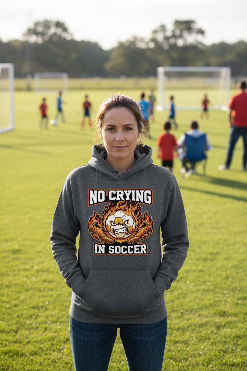 No Crying Soccer Design – Bold Player Attitude Funny Sports Graphic Hoodie DARK HEATHER - FRONT
