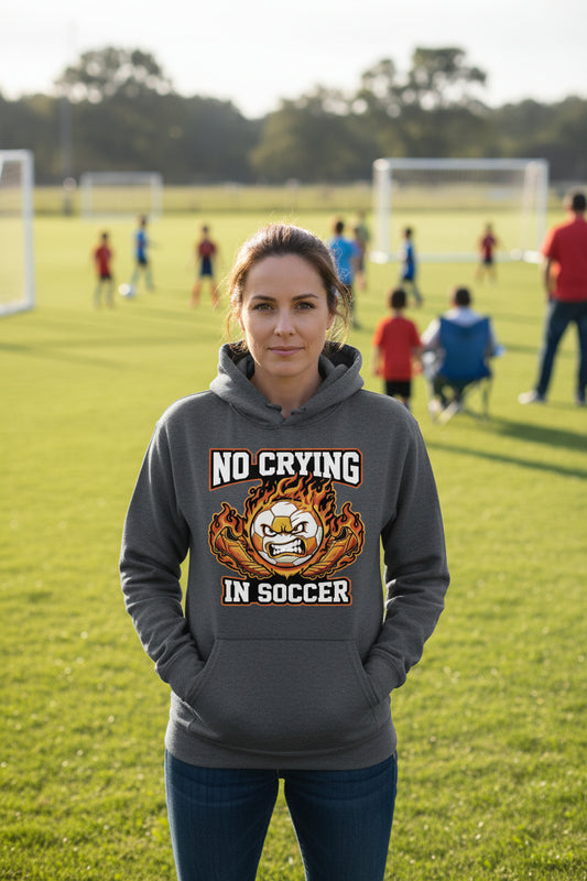 No Crying Soccer Design – Bold Player Attitude Funny Sports Graphic Hoodie DARK HEATHER - FRONT