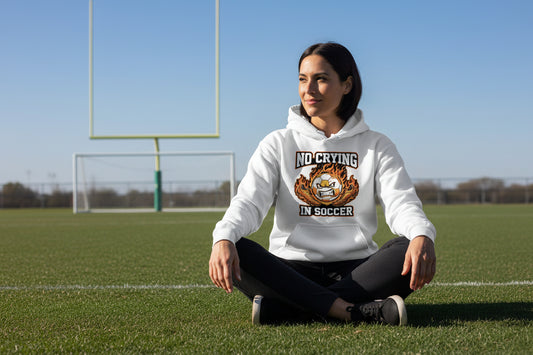 No Crying Soccer Design – Bold Player Attitude Funny Sports Graphic Hoodie WHITE - FRONT