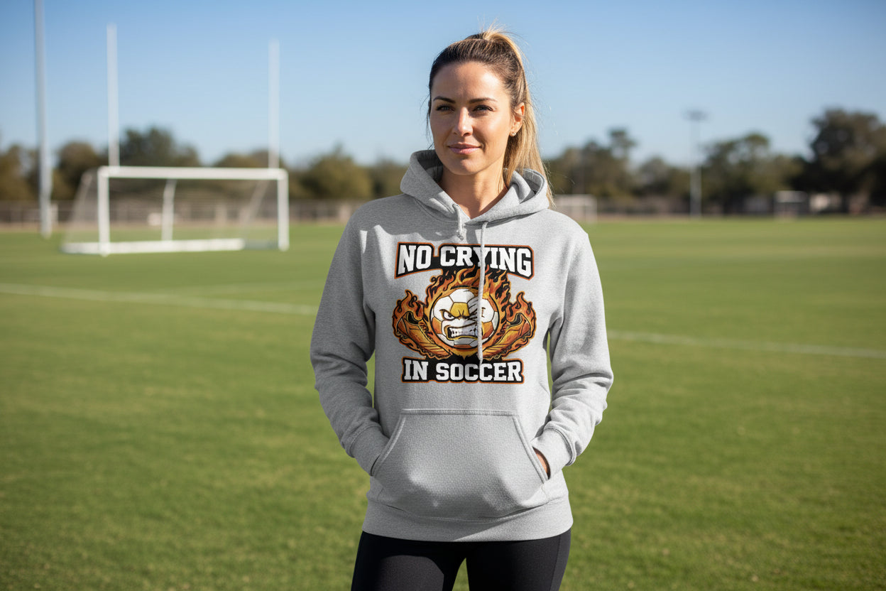 No Crying Soccer Design – Bold Player Attitude Funny Sports Graphic Hoodie SPORT GREY - FRONT