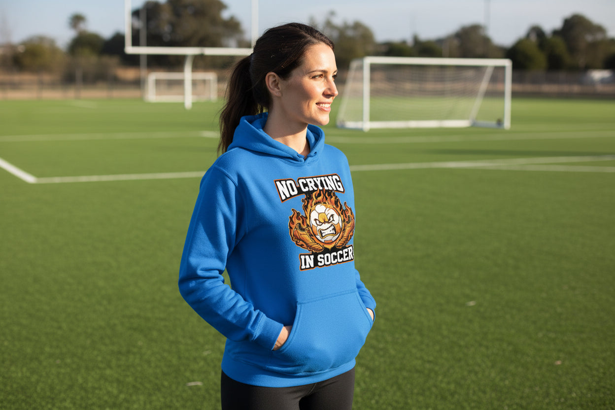 No Crying Soccer Design – Bold Player Attitude Funny Sports Graphic Hoodie Royal - FRONT
