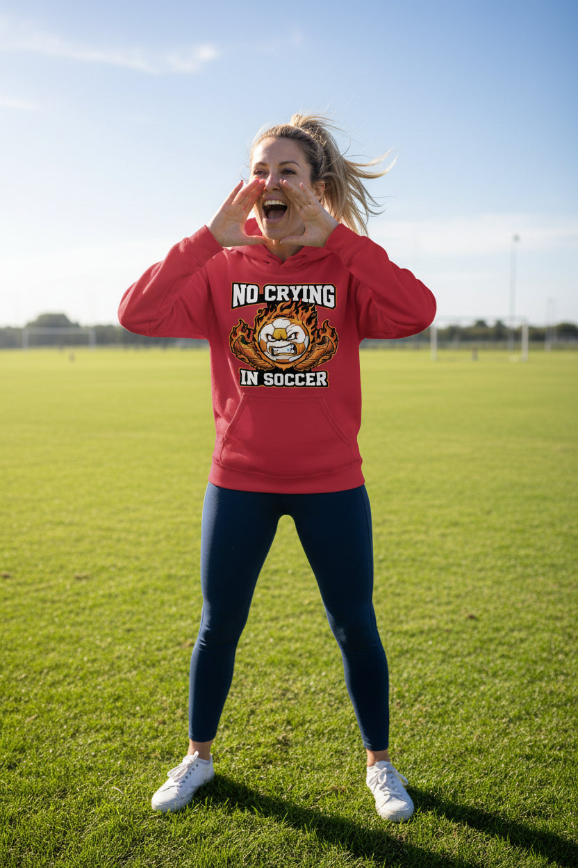 No Crying Soccer Design – Bold Player Attitude Funny Sports Graphic Hoodie RED - FRONT