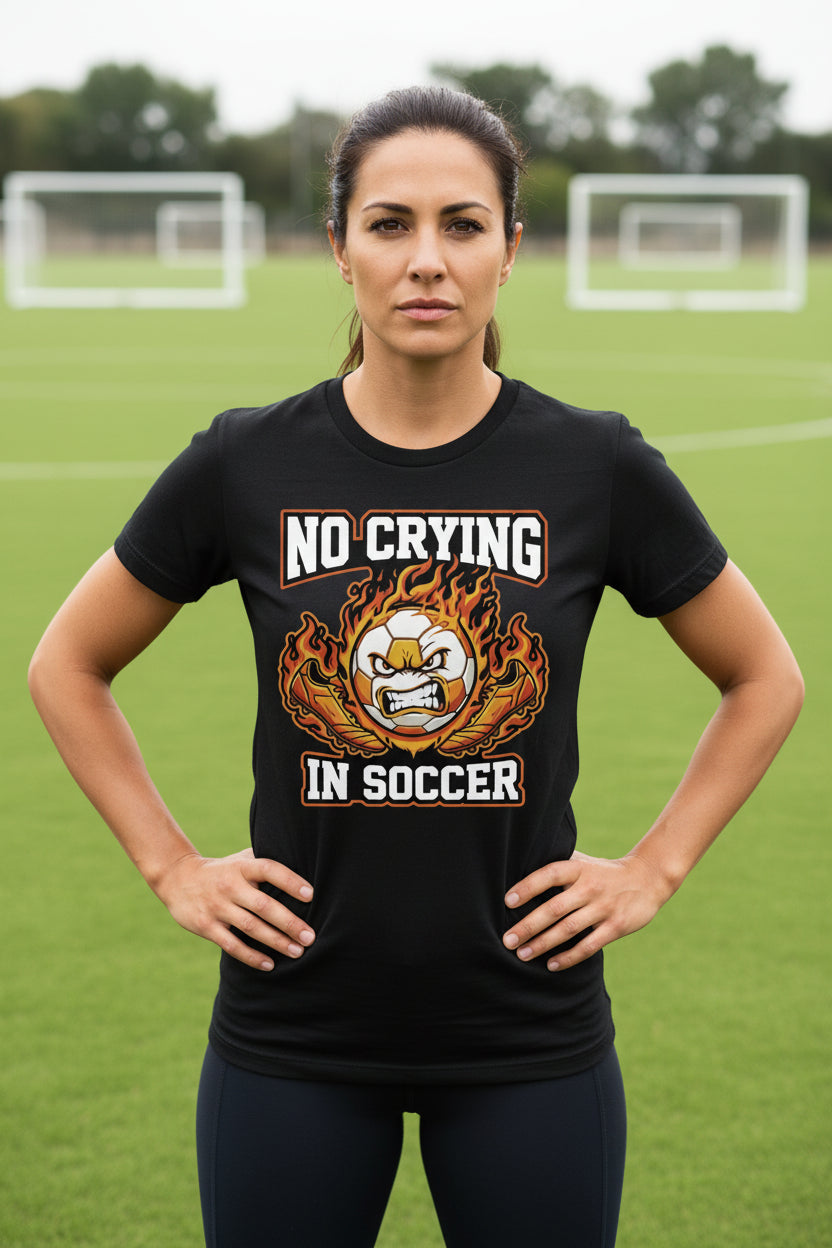 No Crying Soccer Design – Bold Player Attitude Funny Sports Graphic T-Shirt  SOLID BLK BLEND - FRONT