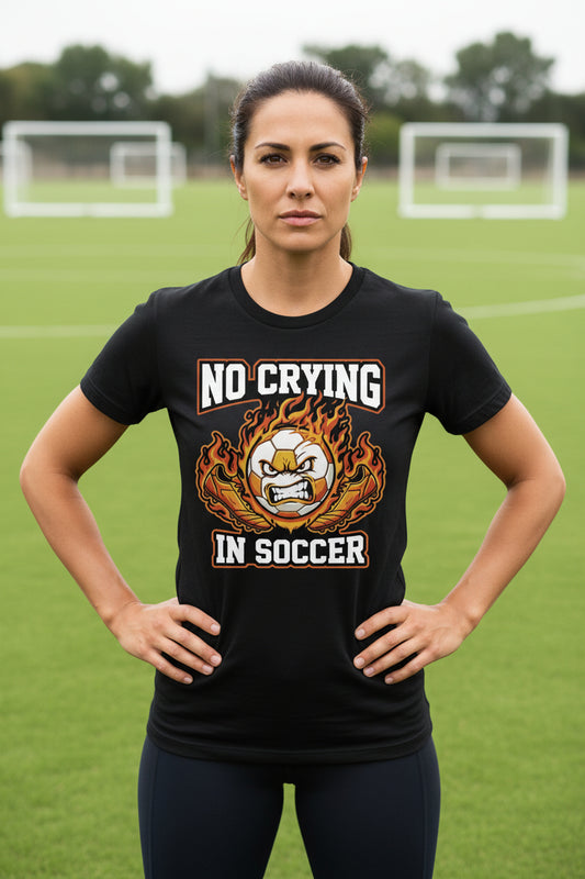 No Crying Soccer Design – Bold Player Attitude Funny Sports Graphic T-Shirt  SOLID BLK BLEND - FRONT