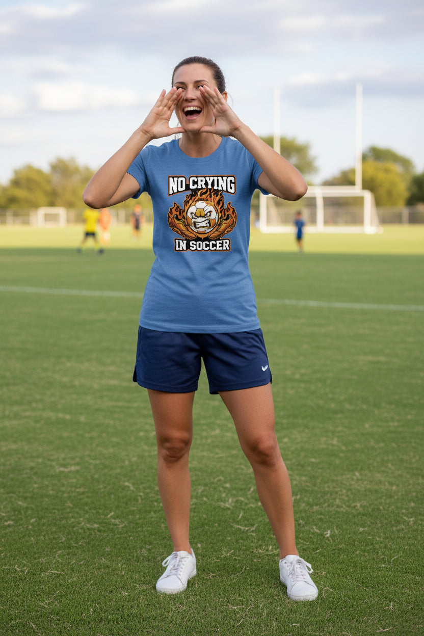 No Crying Soccer Design – Bold Player Attitude Funny Sports Graphic T-Shirt HTHR TRUE ROYAL - FRONT