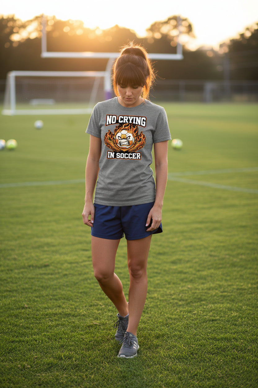 No Crying Soccer Design – Bold Player Attitude Funny Sports Graphic T-Shirt DEEP HEATHER - FRONT