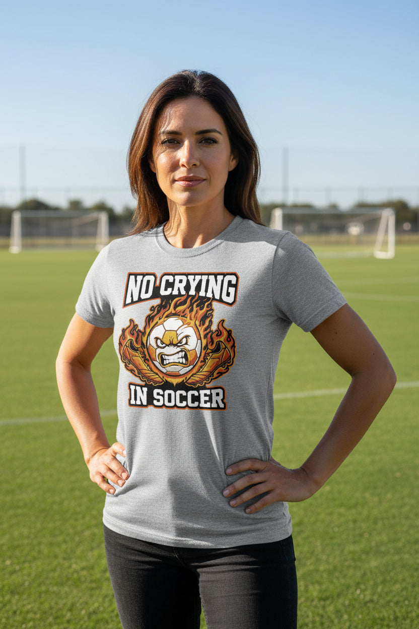 No Crying Soccer Design – Bold Player Attitude Funny Sports Graphic T-Shirt ATHLETIC HEATHER - FRONT